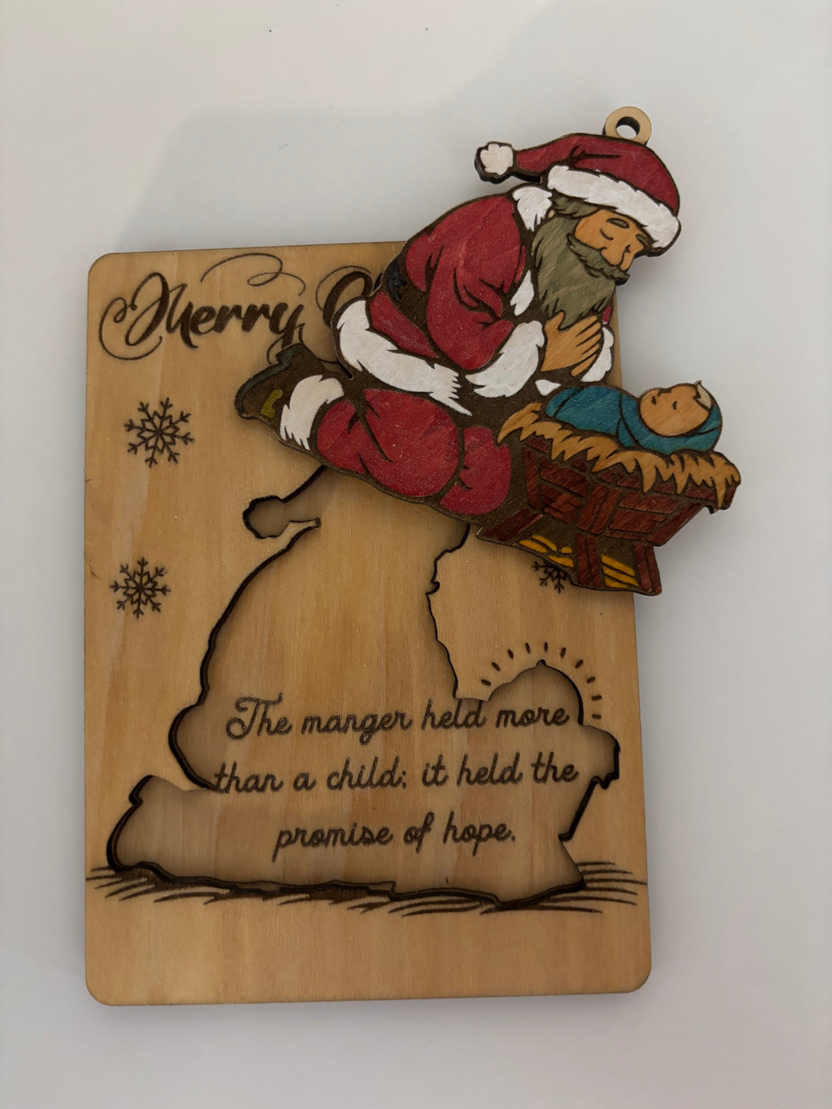 Wooden Christmas Card with Removable Santa & Baby Jesus Ornament