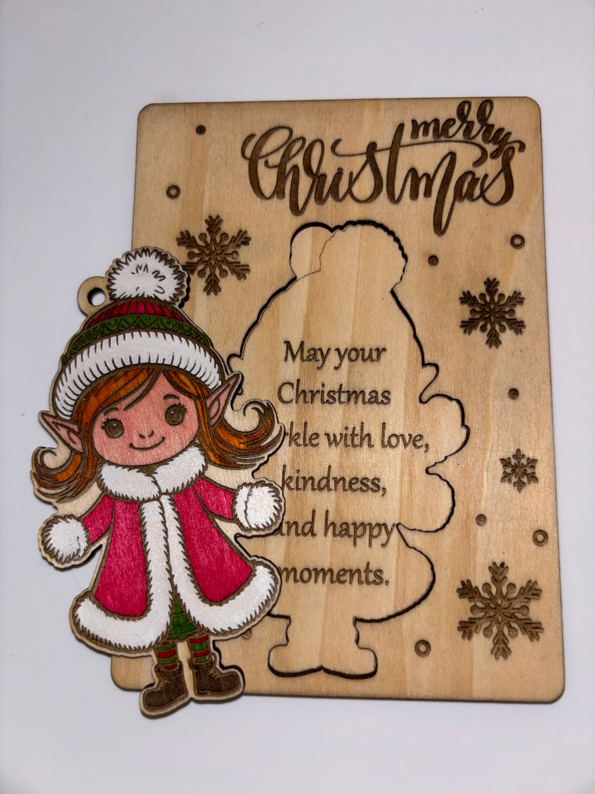 Wooden Girl Elf Christmas Card