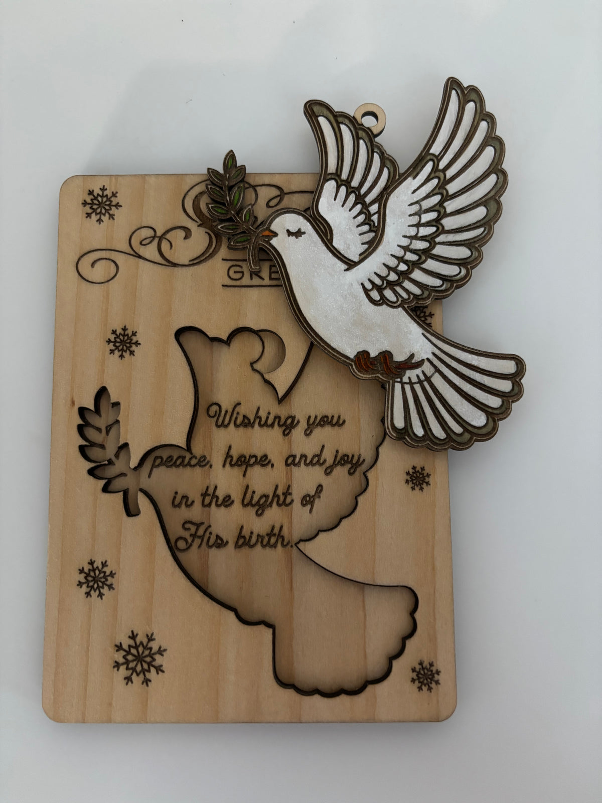 Wooden Christmas Card with Removable Dove Ornament