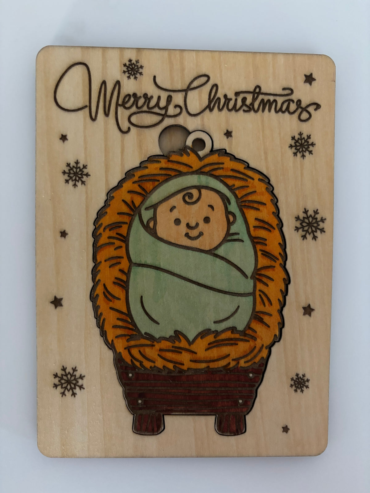 Wooden Christmas Card with Removable Baby Jesus Ornament