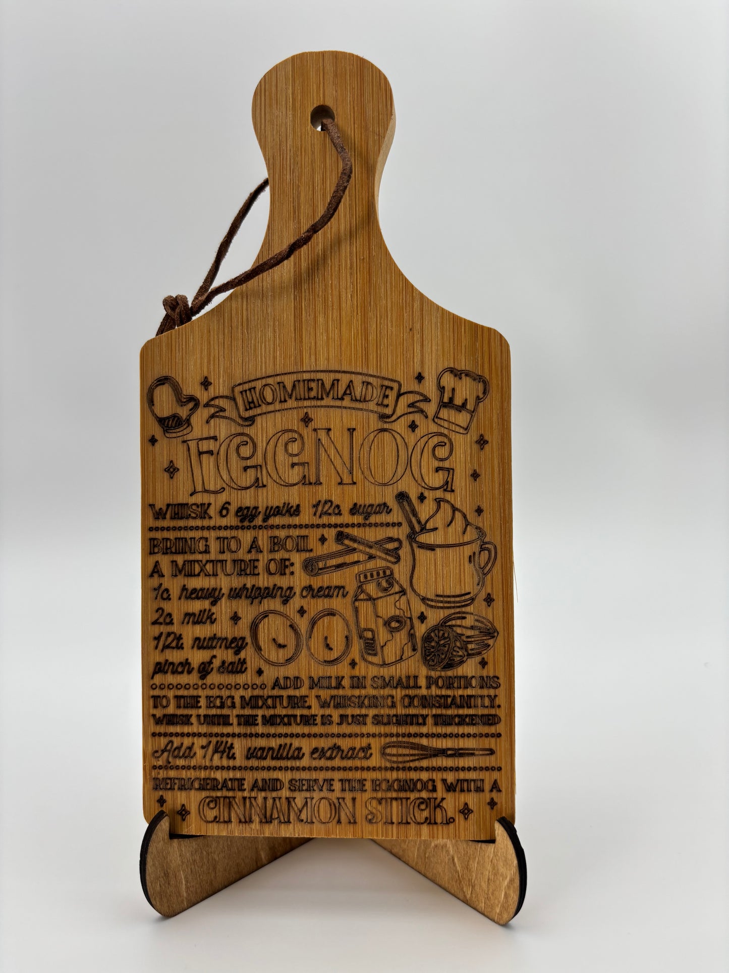 Cutting board with an Eggnog recipe.