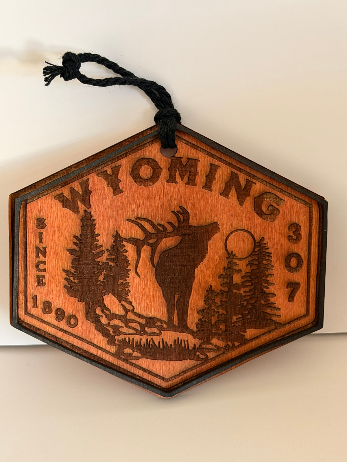 Wyoming Wooden Ornament – Elk & Forest Design