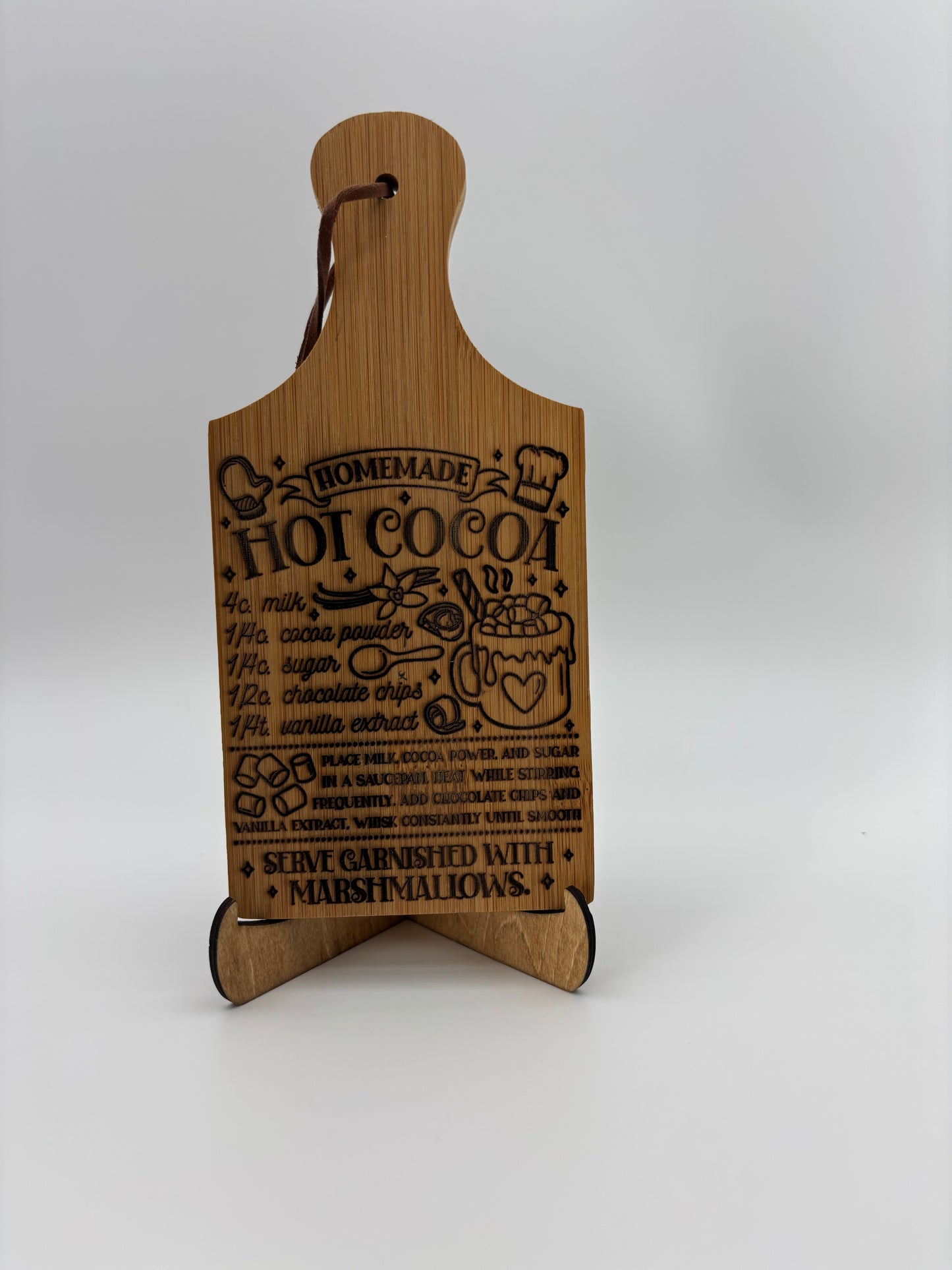 Mini cutting board with a Hot Cocoa recipe engraved.