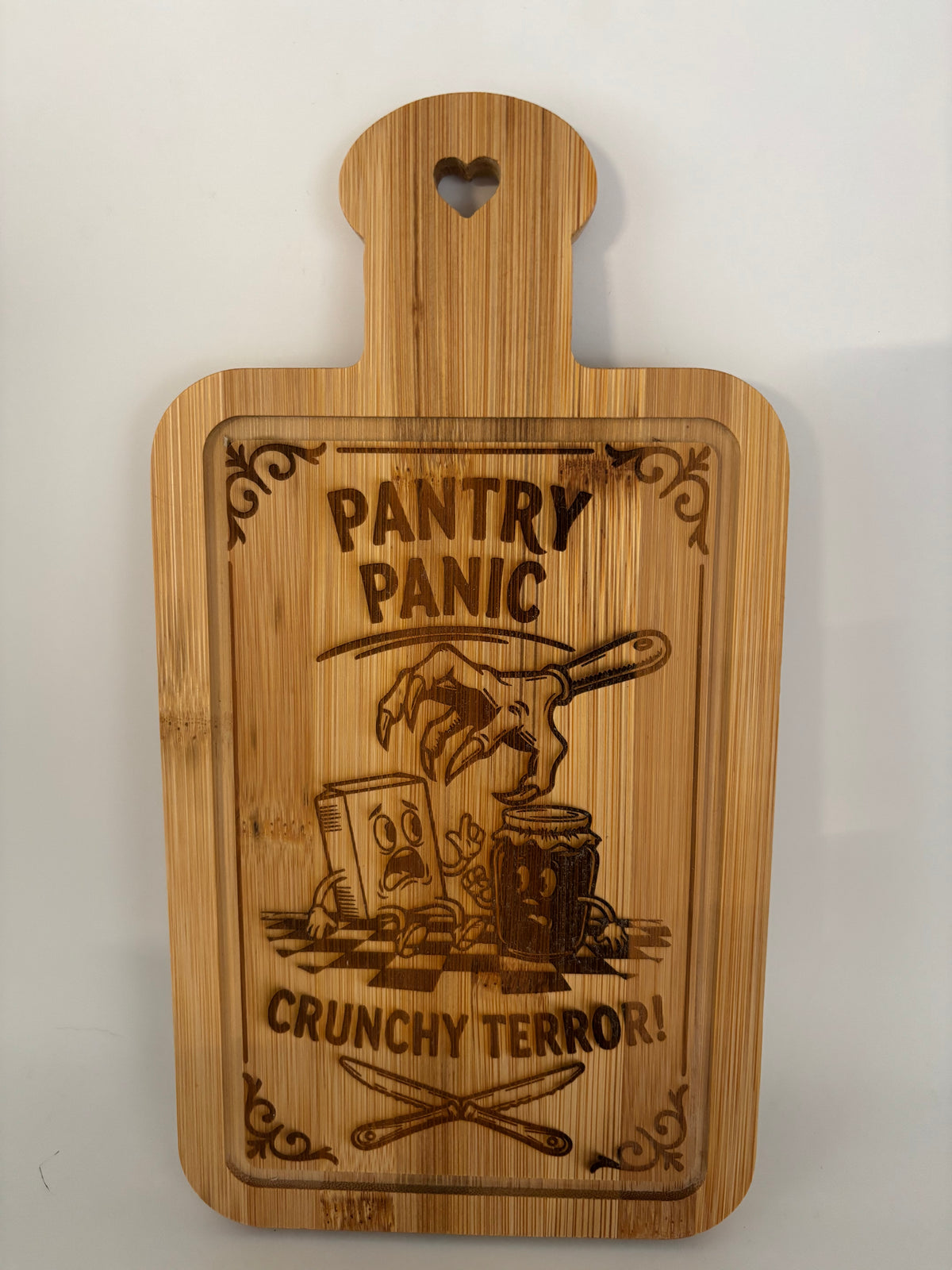 “Pantry Panic” Small Bamboo Cutting Board – Crunchy Terror Design