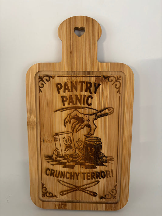 “Pantry Panic” Small Bamboo Cutting Board – Crunchy Terror Design