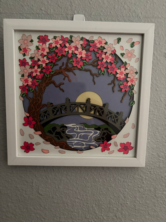 Japanese bridge over water layered paper cut picture