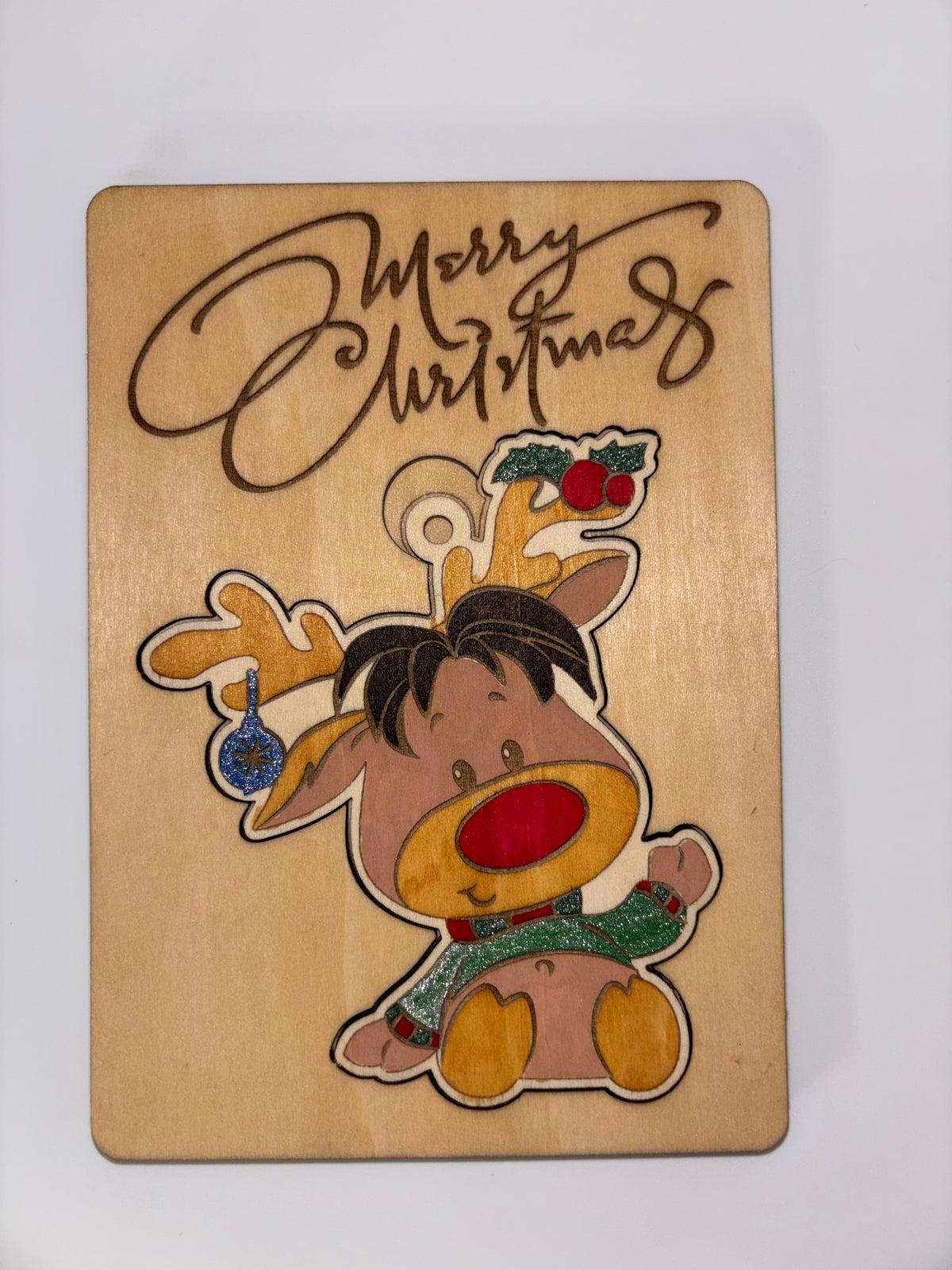 Wooden Reindeer Christmas Card with Removable Ornament