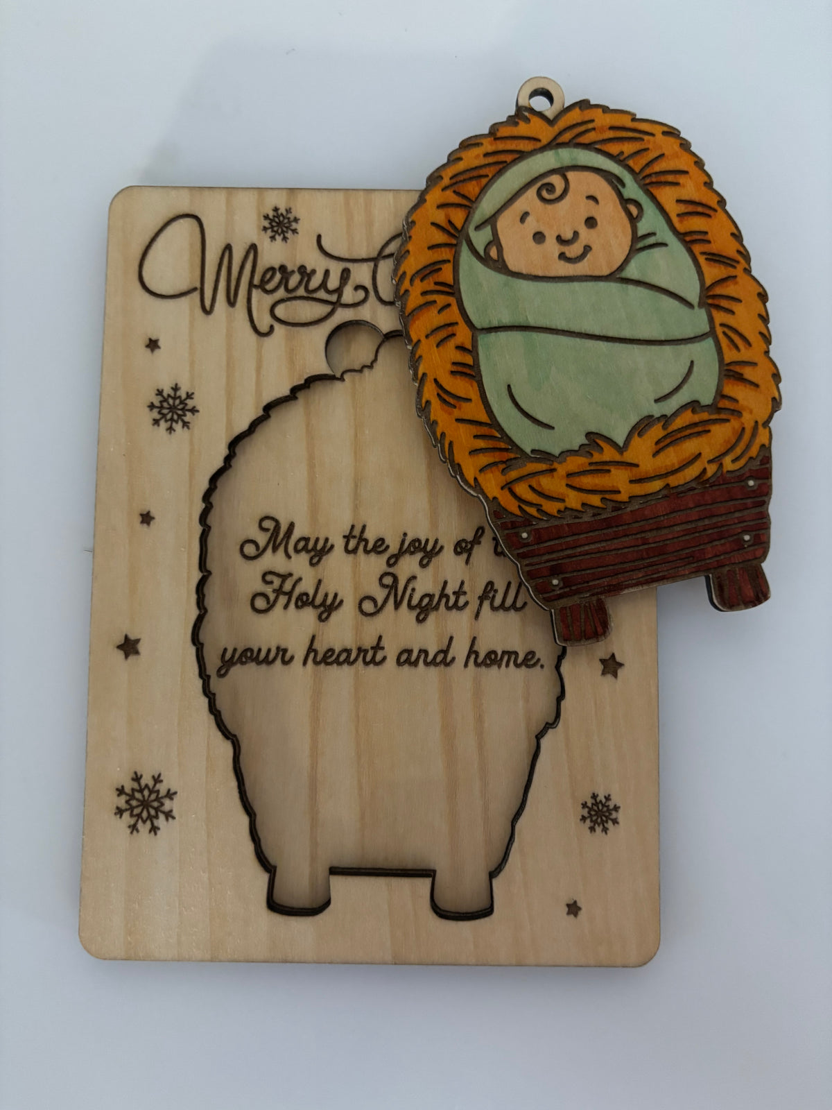 Wooden Christmas Card with Removable Baby Jesus Ornament