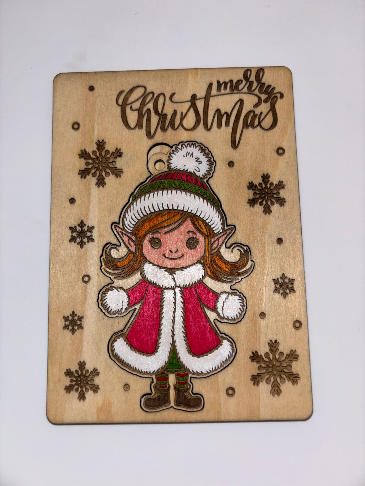 Wooden Girl Elf Christmas Card