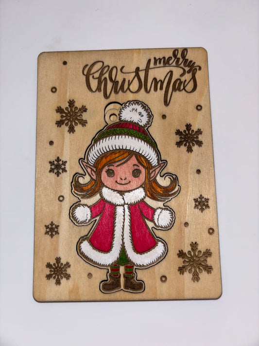 Wooden Girl Elf Christmas Card