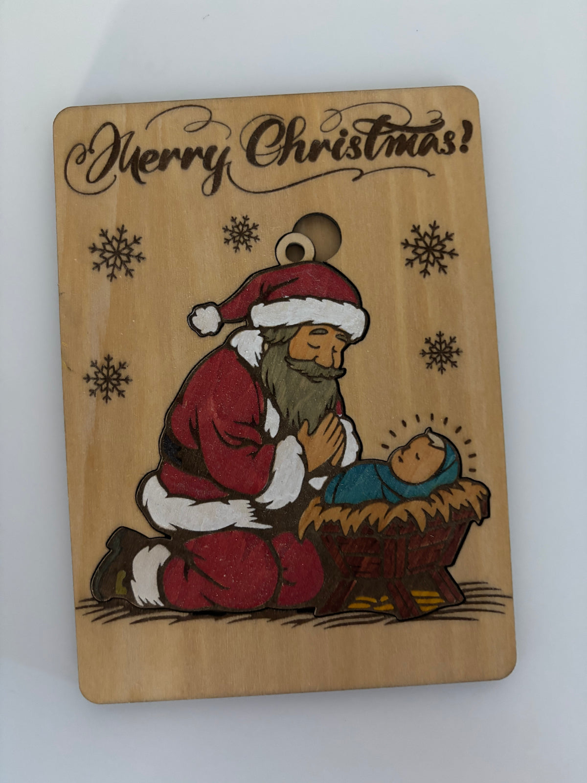 Wooden Christmas Card with Removable Santa & Baby Jesus Ornament