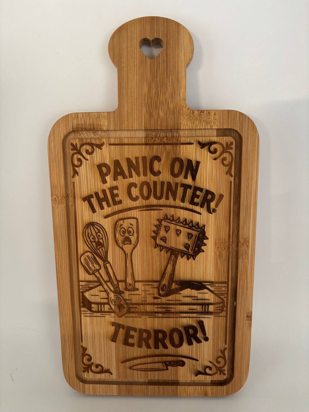 “Panic on the Counter” Small Bamboo Cutting Board – Terror Design