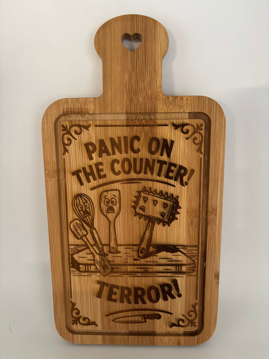 “Panic on the Counter” Small Bamboo Cutting Board – Terror Design