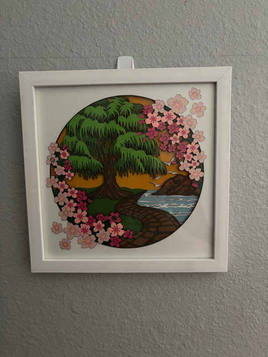 Japanese Garden scene layered paper cut mountain picture