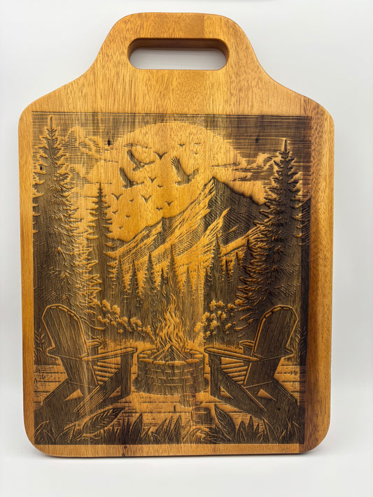 Cutting board with camp fire scene￼