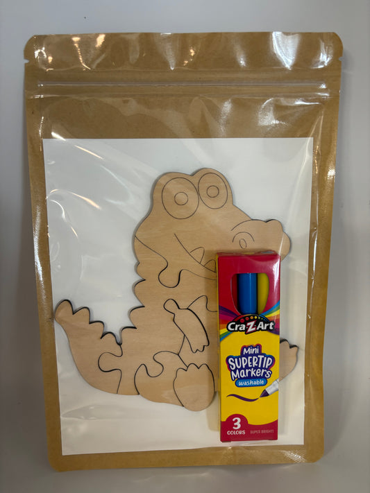 A wooden crocodile puzzle kit