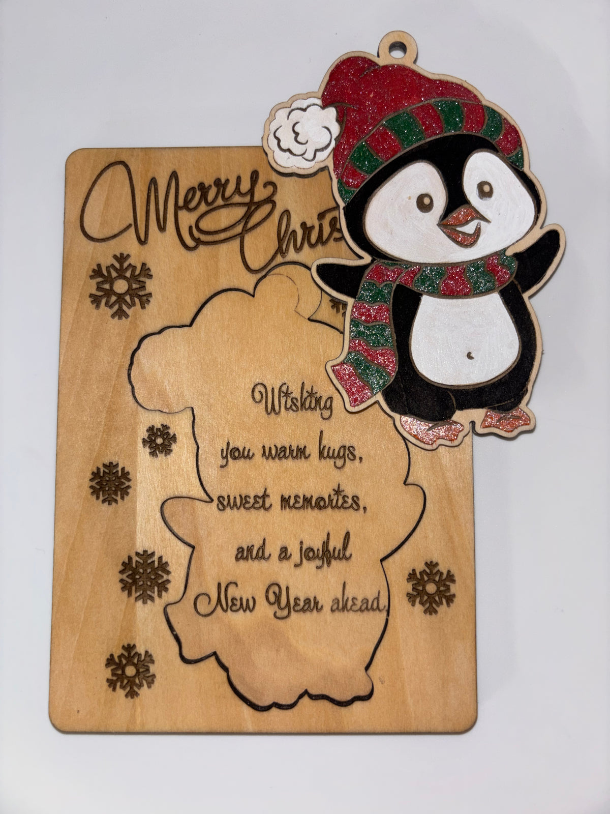 Wooden Penguin Christmas Card with Removable Ornament