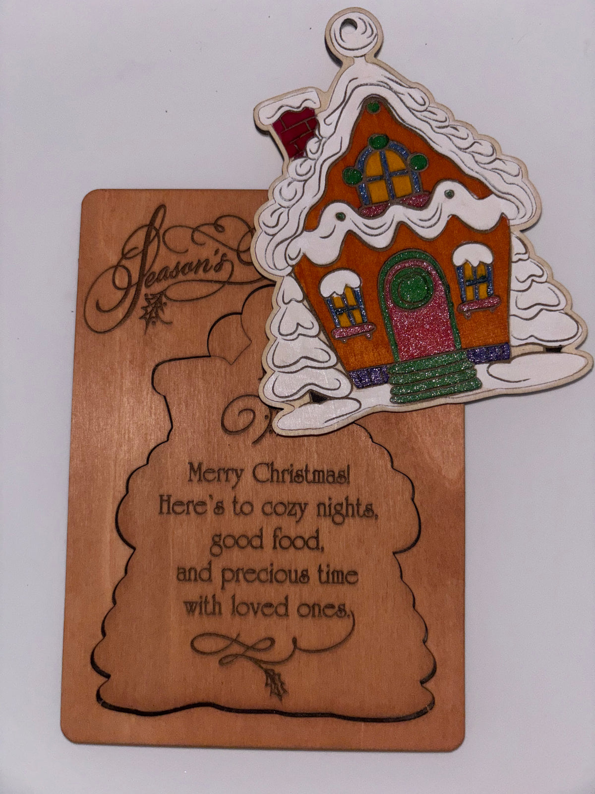 Wooden Christmas Card with Removable Gingerbread House Ornament