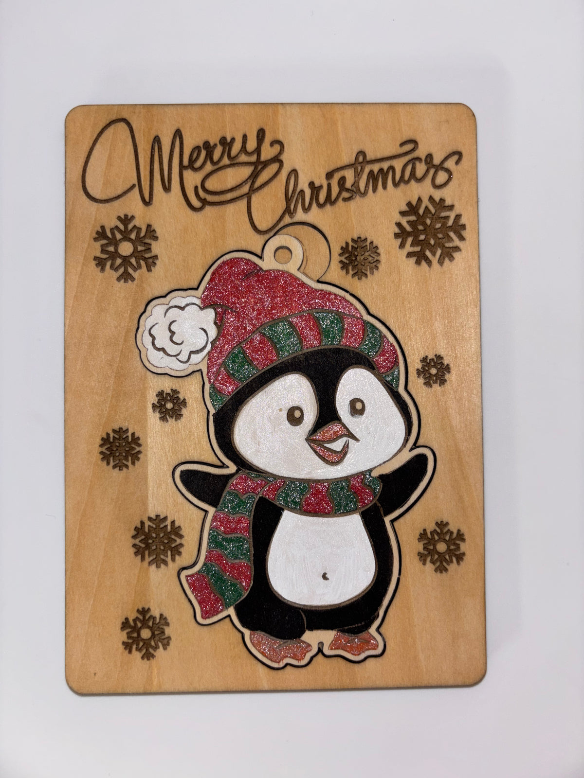 Wooden Penguin Christmas Card with Removable Ornament