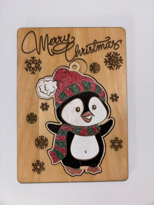 Wooden Penguin Christmas Card with Removable Ornament