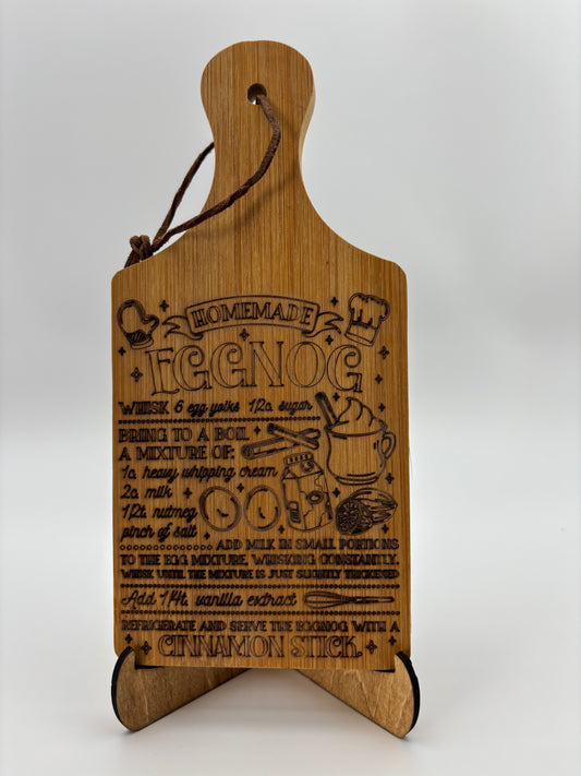 Cutting board with an Eggnog recipe.