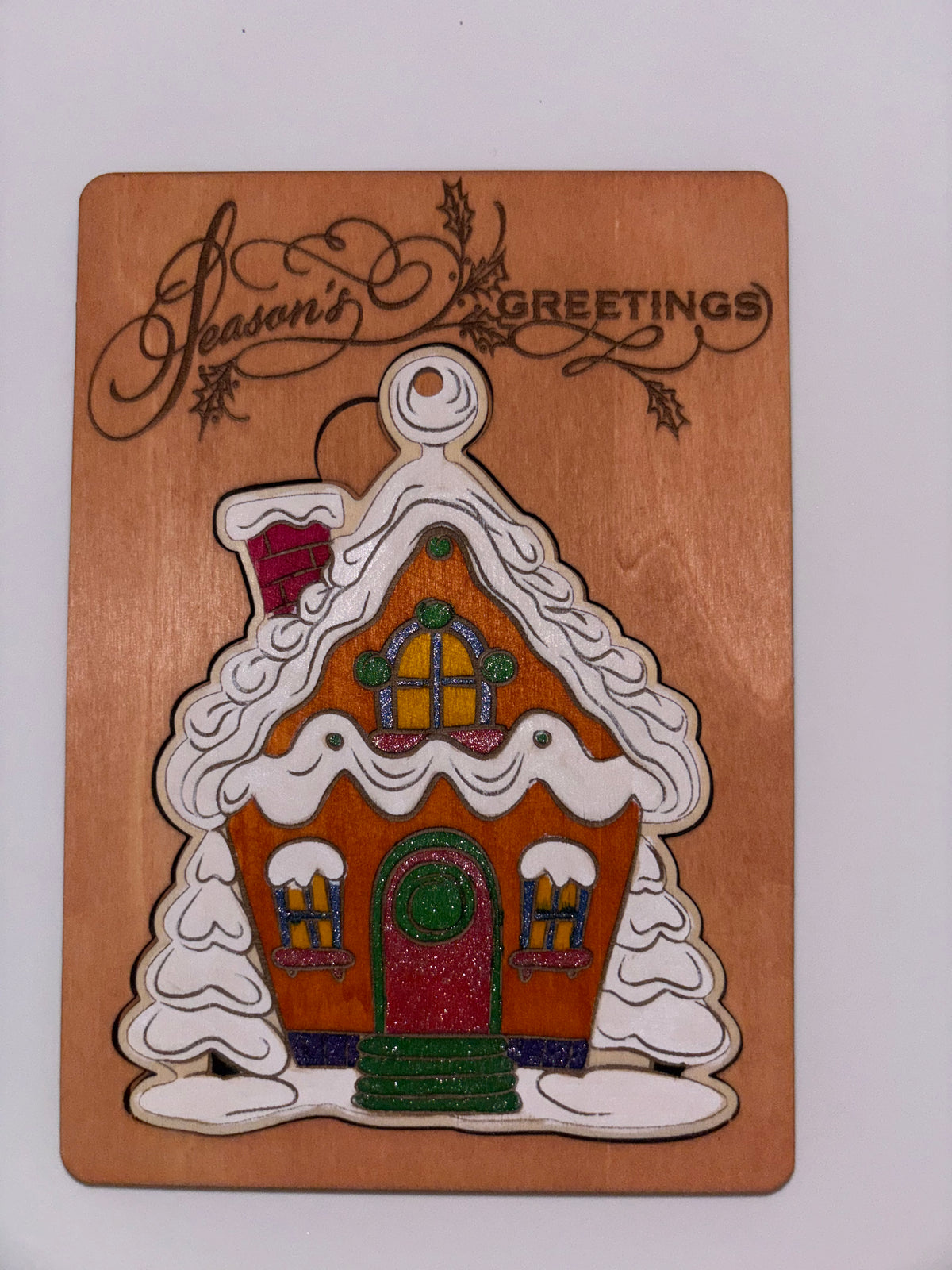 Wooden Christmas Card with Removable Gingerbread House Ornament
