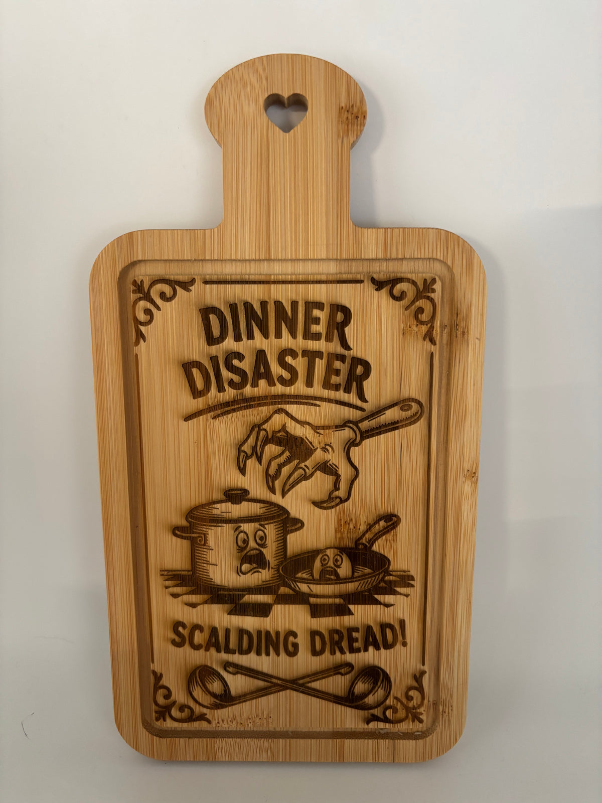“Dinner Disaster” Small Bamboo Cutting Board – Scalding Dread Design
