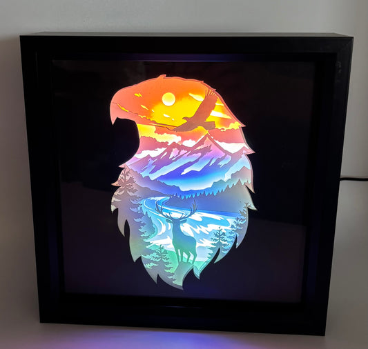 Eagle with deer lighted shadow box.