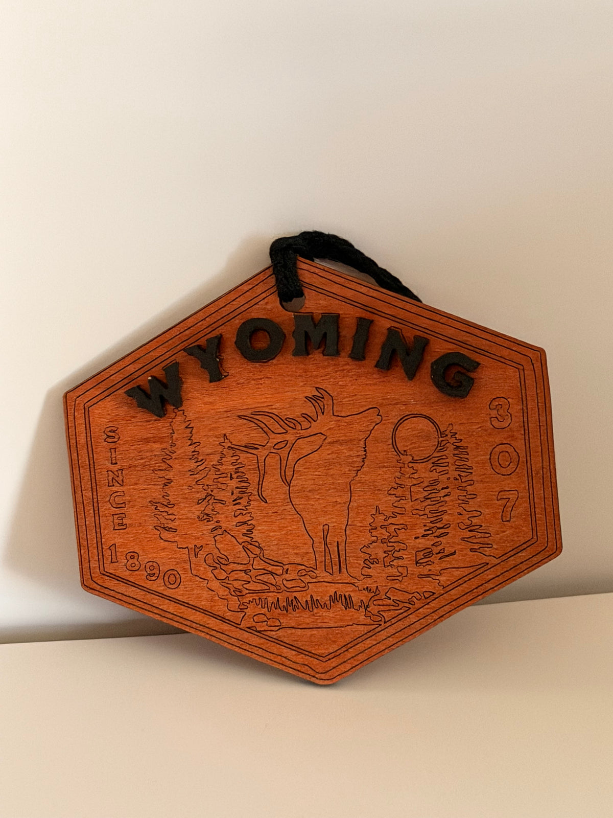 Wyoming Wooden Ornament – Raised Lettering & Elk