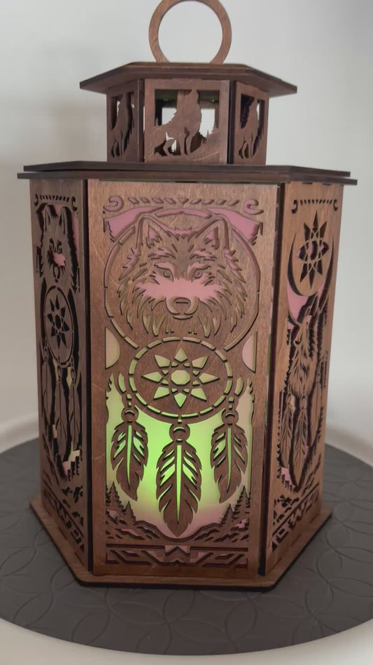 Wolf Wooden Lighted Lantern